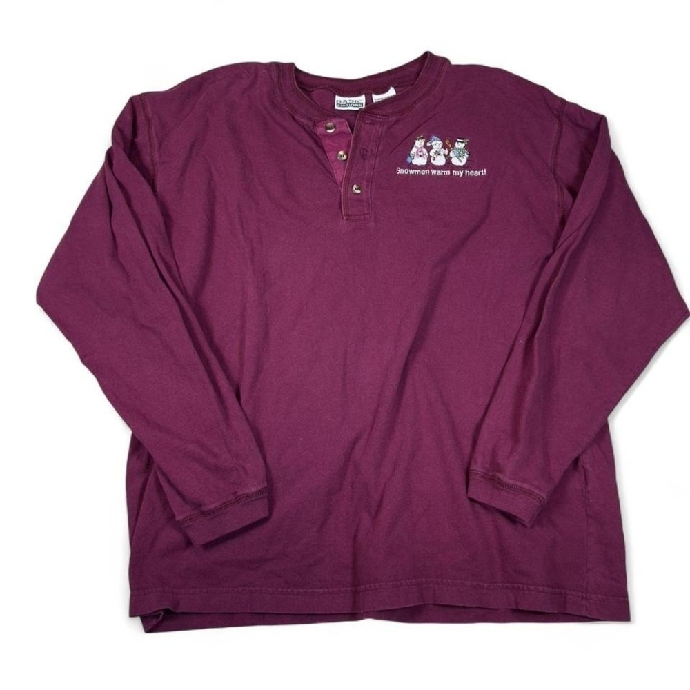 Basic Editions Henley Shirt Mens XL Burgundy Cotton Snowman Winter Cozy